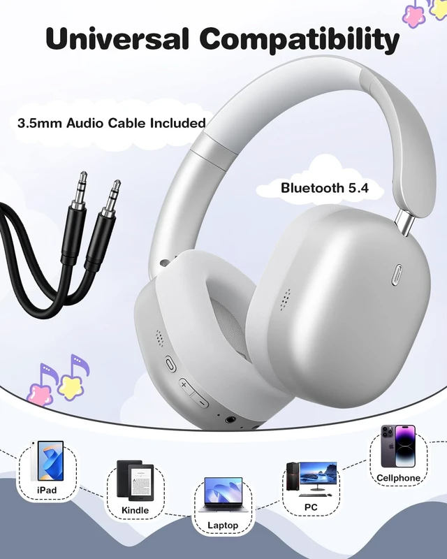 Alt view image 3 of 5 - Wentronic Kids Headphones Wireless Bluetooth 5.4,Foldable Over Ear Headphones with 3.5mm Wired Mode,Safe Volume Limit,48H Playtime,Clear Calls,HD Sound for Toddlers/Children/School/Travel,Silve