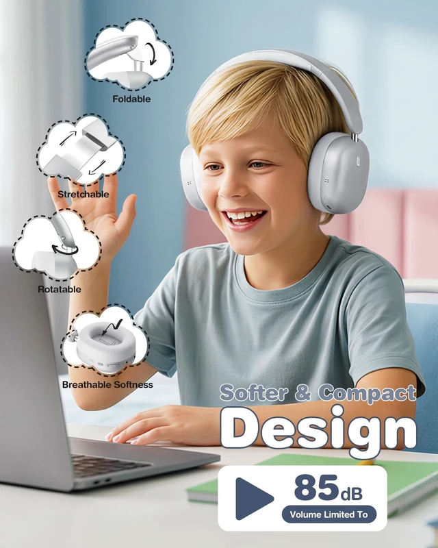 Alt view image 5 of 5 - Wentronic Kids Headphones Wireless Bluetooth 5.4,Foldable Over Ear Headphones with 3.5mm Wired Mode,Safe Volume Limit,48H Playtime,Clear Calls,HD Sound for Toddlers/Children/School/Travel,Silve