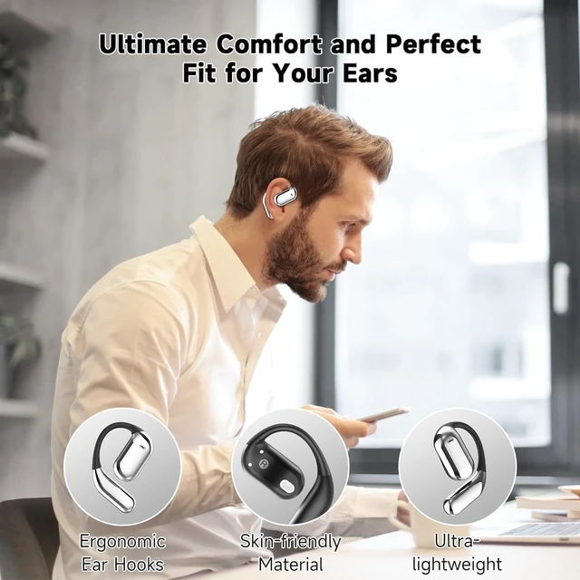 Alt view image 4 of 5 - Open Ear Clip Wireless Earbuds Bone Conduction Headphones, Bluetooth 5.4Built-in Mic, IPX7 Waterproof, LED Display Charging Case,Ear Hooks Ear Buds, Design for Running/Fitness/Office/Sport