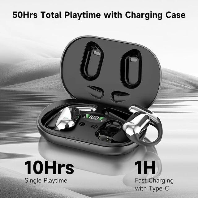 Alt view image 2 of 5 - Open Ear Clip Wireless Earbuds Bone Conduction Headphones, Bluetooth 5.4Built-in Mic, IPX7 Waterproof, LED Display Charging Case,Ear Hooks Ear Buds, Design for Running/Fitness/Office/Sport