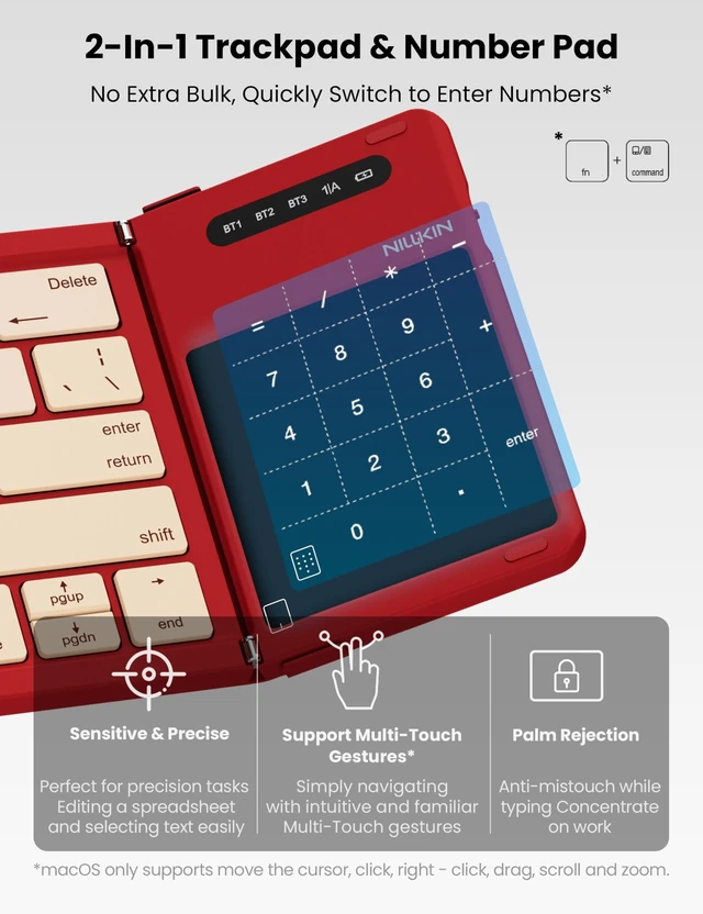 Alt view image 3 of 5 - Nillkin Foldable Bluetooth Keyboard with Touchpad & Number Pad, Red