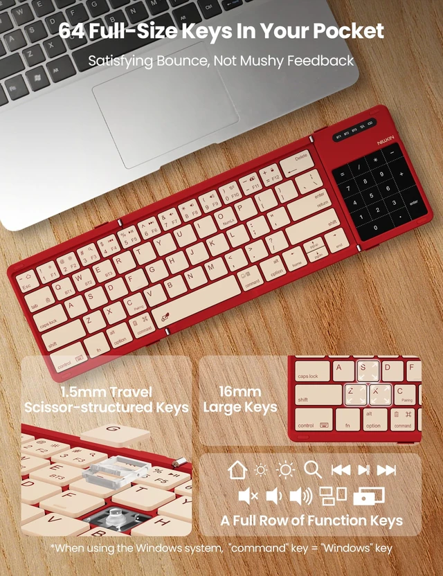 Alt view image 4 of 5 - Nillkin Foldable Bluetooth Keyboard with Touchpad & Number Pad, Red