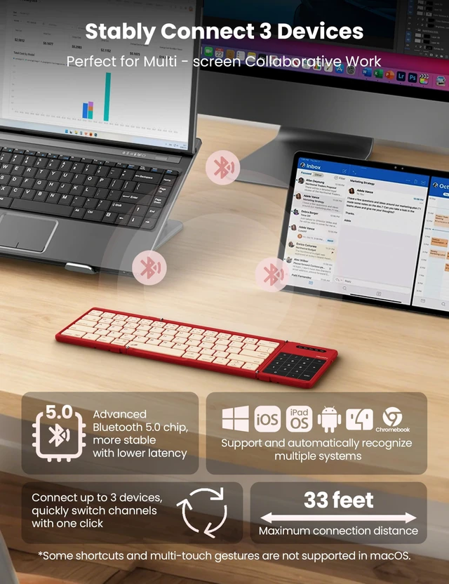 Alt view image 5 of 5 - Nillkin Foldable Bluetooth Keyboard with Touchpad & Number Pad, Red