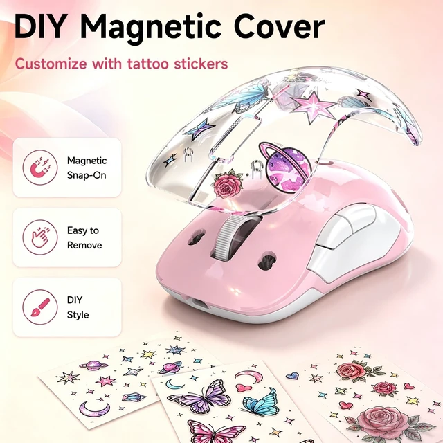 Alt view image 4 of 5 - qaf 2.4G Wireless RGB Rechargeable Mouse, Transparent Computer Mouse with Detachable Magnetic DIY Cover,1400 DPI Optical Tracking, 5 Buttons, USBC Charging for Laptop PC Desktop MacBook (Pink)