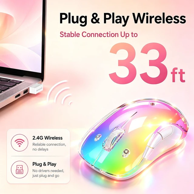 Alt view image 5 of 5 - qaf 2.4G Wireless RGB Rechargeable Mouse, Transparent Computer Mouse with Detachable Magnetic DIY Cover,1400 DPI Optical Tracking, 5 Buttons, USBC Charging for Laptop PC Desktop MacBook (Pink)