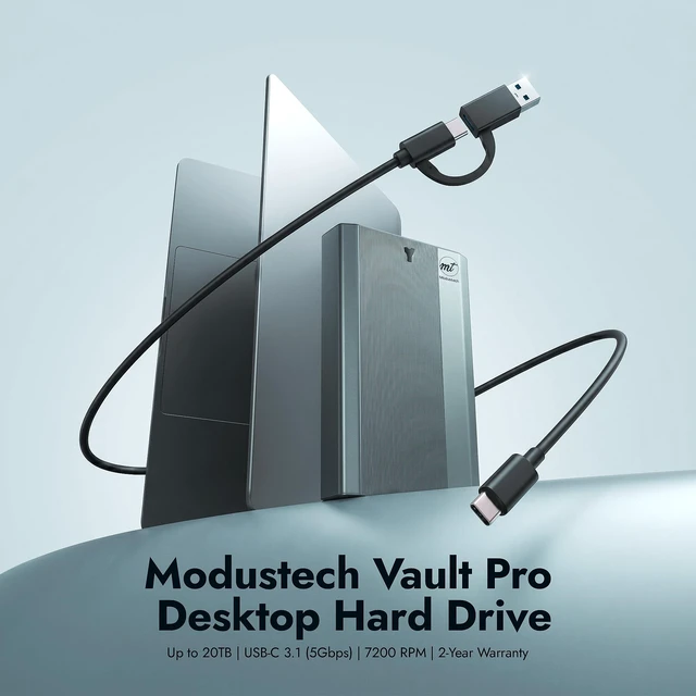 Alt view image 2 of 5 - ModusTech 3TB Desktop External Hard Drive (NOT-Portable) Vault USB-C 3.1 (5Gbps) High-Speed HDD for PC, Mac, Laptop & Console, Mains-Powered Backup Storage, 2-Year Warranty