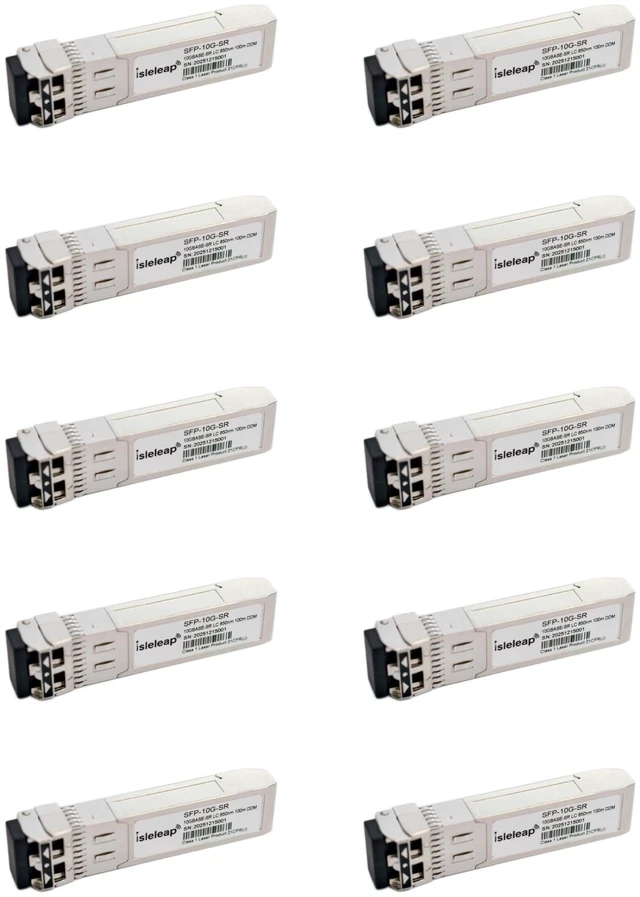 Main image of 10 Pack Isleleap 10G SFP+ SR Transceiver, 10GBase-SR Duplex LC MMF Optical Module, 850nm, DDM, up to 300m, Network Switch Connectivity (10 Pack)
