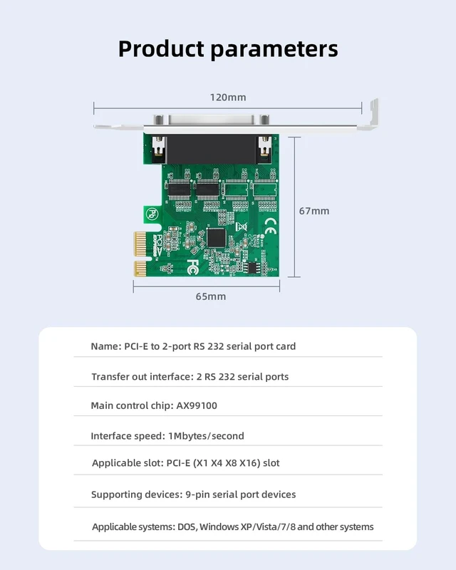 Alt view image 2 of 5 - Buacoz PCIe to Dual RS232 Serial Port Card with DB9 Connectors - 2-Port COM Expansion Card for Industrial PCs, Desktop Computers, and 9-Pin Multi-Serial Adapter