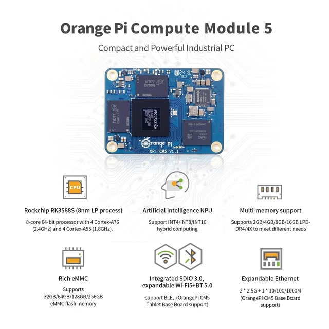 Alt view image 3 of 5 - Orange Pi CM5 Core Board 4GB/8GB/16GB LPDDR4/4x Rockchip RK3588S with 32GB eMMC, Orange Pi CM5 Single Board Computer Run Linux/Ubuntu/Debian/Android OS (8, GB)