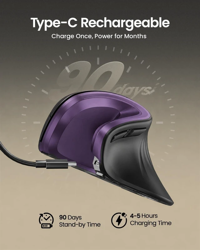 Alt view image 4 of 5 - ProtoArc EM11 NL Wireless Ergonomic Mouse, Rechargeable, Black Purple