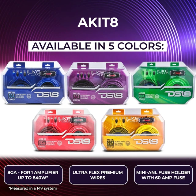 Alt view image 2 of 5 - DS18 AKIT8.PU 8-GA Amplifier Installation Wiring Kit - Up to 840W Max, ANL Fuse Holder with 60A, Speaker & RCA Cables, CCA Amplifier Wiring Kit, Ultra Flex Wire, Amp Wire Kit 8 Gauge - Purple