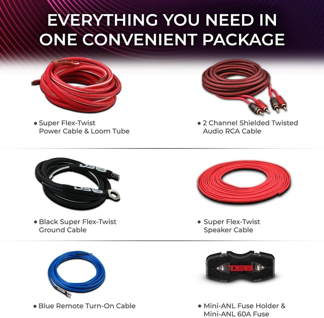 Alt view image 3 of 5 - DS18 AKIT8.PU 8-GA Amplifier Installation Wiring Kit - Up to 840W Max, ANL Fuse Holder with 60A, Speaker & RCA Cables, CCA Amplifier Wiring Kit, Ultra Flex Wire, Amp Wire Kit 8 Gauge - Purple