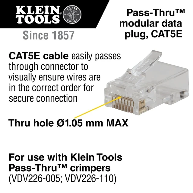Alt view image 2 of 5 - Klein Tools VDV826-702 Pass-Thru Modular Data Plug, RJ45 CAT5E, Gold Plated, Pass Through Connectors 50-Pack