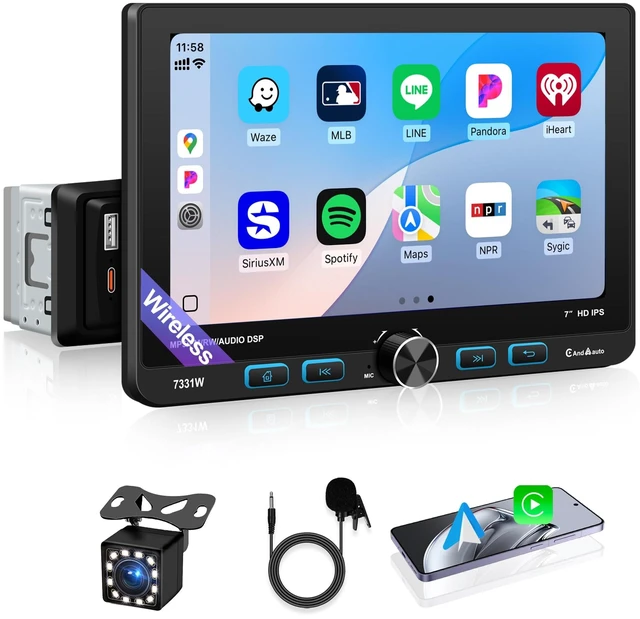 Main image of Single Din Car Stereo with Wireless Apple CarPlay, 7 Inch Touchscreen Radio