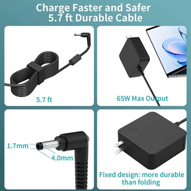 Alt view image 3 of 5 - Charger for Lenovo Laptop 65W, Lengthened Power Cord, Round Tip AC Adapter Compatible with IdeaPad 1/3/5, Slim 3/5/7, Flex 5 (14/15/16), V14/V15/V17, S145, S340, 320/330 Series for Home Office Tr