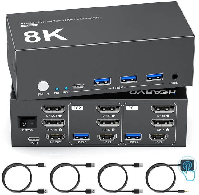 Main image of KVM Switch 3 Monitors 2 Computers, HDMI + DisplayPort, 8K@60Hz