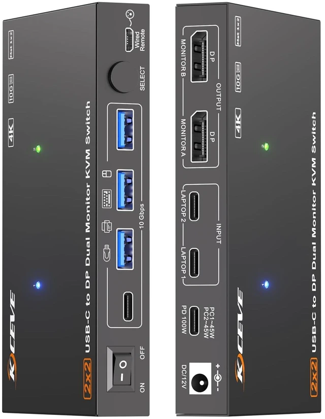 Main image of USB C KVM Switch 2 Monitors 2 Computers 4K@60Hz, Camgeet Dual Monior KVM Switch 2 Laptops Share 2 Monitors and 4 10Gbps USB Ports, USB3.2, PD 100W, Wired Remote, USB-C Cables and 12V Power Adapter