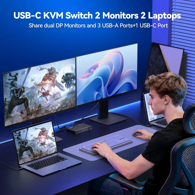 Alt view image 2 of 5 - USB C KVM Switch 2 Monitors 2 Computers 4K@60Hz, Camgeet Dual Monior KVM Switch 2 Laptops Share 2 Monitors and 4 10Gbps USB Ports, USB3.2, PD 100W, Wired Remote, USB-C Cables and 12V Power Adapter