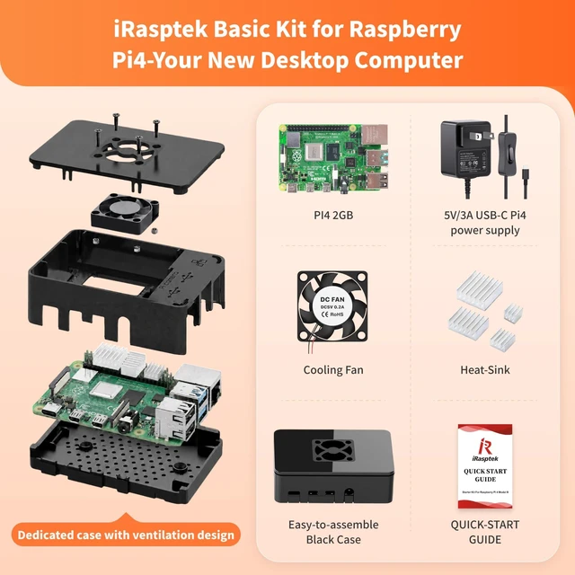 Alt view image 2 of 5 - iRasptek Basic Kit for Raspberry Pi 4B 2GB RAM Included PI4 Case,5V 3A Power Supply,Cooling Fan and Heat-Sink