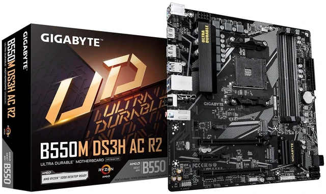 Main image of GIGABYTE B550M DS3H AC R2 AMD AM4 mATX Motherboard, Supports Ryzen 5000/4000/3000 Series Processors, DDR4, 5+3 Power Phase, 2X M.2, PCIe 4.0, WIFI5, GbE LAN, PCIe EZ-Latch, WiFi EZ Plug, RGB
