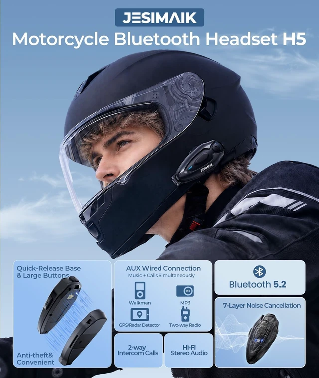 Alt view image 2 of 5 - JESIMAIK Motorcycle Bluetooth Headset, Motorcycle Intercom Bluetooth 5.2, Magnet Helmet Communication System, Fast Charge, FM Radio, Group Intercom with AUX Port for ATV, Black, 1 Pack