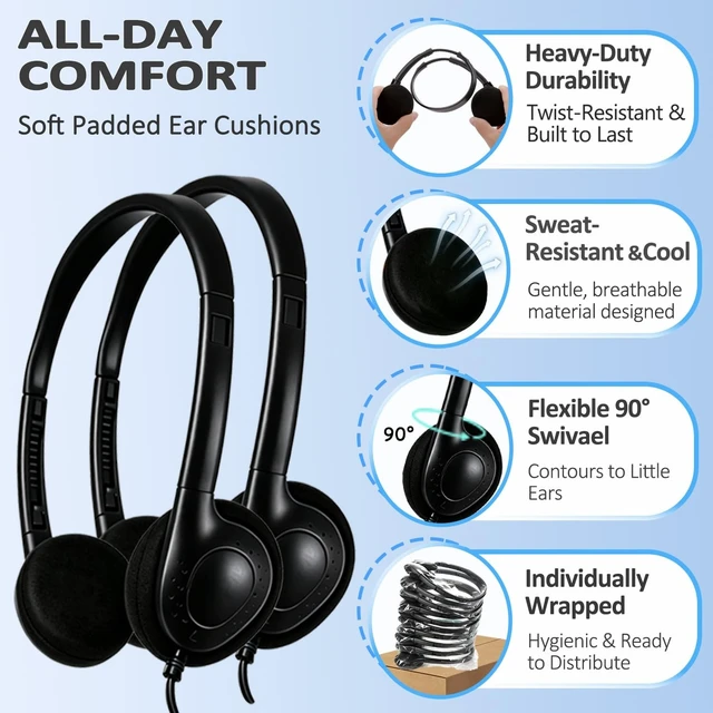 Alt view image 3 of 5 - Ladont 20 Pack Kids Headphones with Type-C Connector, Bulk USB C Headset for Chromebook, Mixed Color School Headphones for Children Teens(Black)