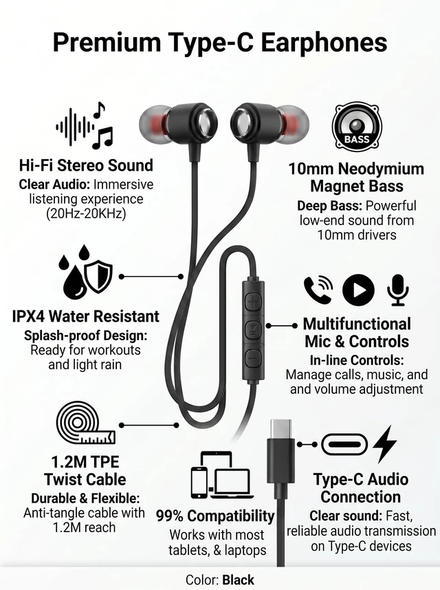 Alt view image 3 of 5 - Ember 30 Pack USB C Headphones Wired Earbuds for iPhone 17 16 15 Pro Max, Hi-Fi Type C Earbuds with Mic, Bulk Wired Headphones USB C for School Classroom Lab Library, Volume Control, Black