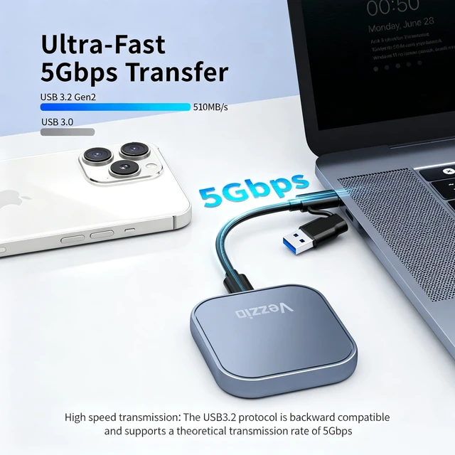 Alt view image 2 of 5 - Vezzio 1TB Magnetic Portable SSD, USB3.2 Gen2 510MB/s, Aluminium Alloy