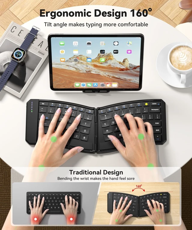 Alt view image 2 of 5 - Yadkbo Ergonomic Foldable Keyboard, 3-Device Dual Mode 2.4G & Bluetooth