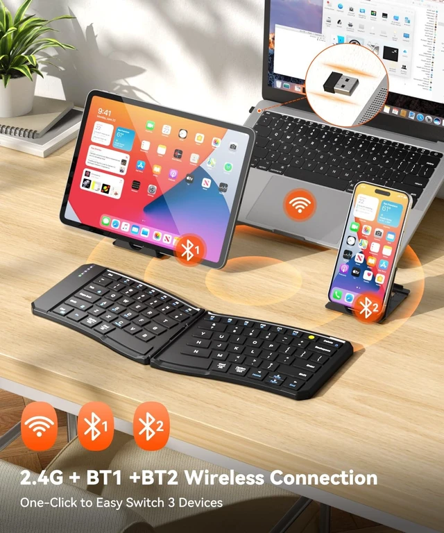 Alt view image 4 of 5 - Yadkbo Ergonomic Foldable Keyboard, 3-Device Dual Mode 2.4G & Bluetooth