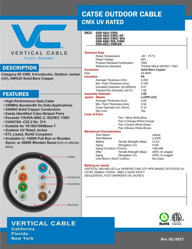 Alt view image 4 of 5 - Vertical Cable Cat5e, 350 Mhz, UTP, UV Jacket, Outdoor, CMX, 1000ft, Bulk Ethernet Cable, White
