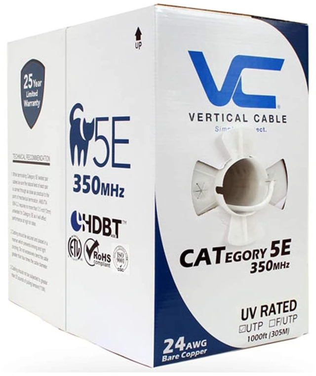 Main image of Vertical Cable Cat5e, 350 Mhz, UTP, UV Jacket, Outdoor, CMX, 1000ft, Bulk Ethernet Cable, White