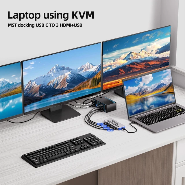 Alt view image 2 of 5 - 8K HDMI KVM Switch 3 Monitors 2 Computers 4K120Hz Triple Monitor KVM Switch