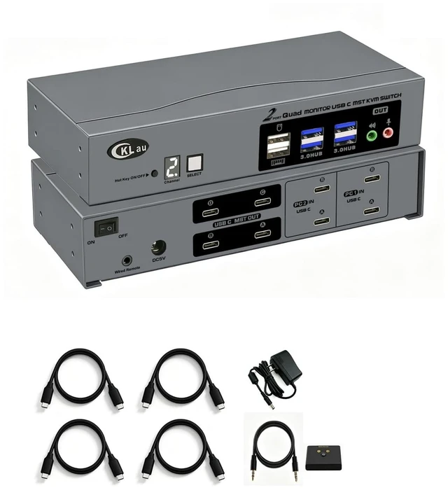 Main image of CKLau USB-C MST KVM Switch for 2 Computers and 4 Monitors, Quad 4K@60Hz, Dual USB-C per Computer, Windows Extended Display, USB 3.0 Hub