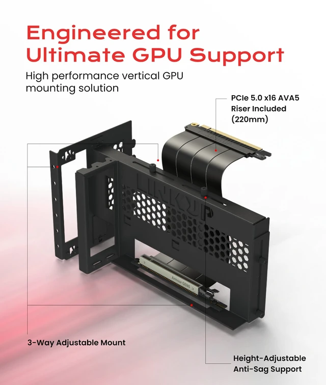Alt view image 2 of 5 - LINKUP 3-Way Vertical GPU Mount V2 with AVA5 PCIe 5.0 Riser Cable ^^ Black