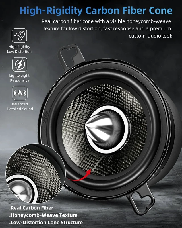 Alt view image 3 of 5 - TANVSO CarbonForce 3.5 Inch Speakers, 300W Peak 4 Ohm 3.5 Car Speakers, 3-1/2 Bullet Midrange Speakers with Honeycomb-Weave Carbon Fiber Cone, Low-Profile Aluminum Bullet for Dash, 2 Pack