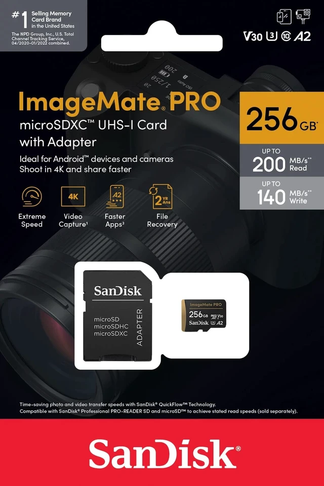 Alt view image 3 of 4 - SanDisk 256GB ImageMate PRO microSDXC UHS-1 Memory Card with Adapter - C10, U3, V30, 4K UHD, A2 Micro SD Card - SDSQXBD-256G-AW6KA
