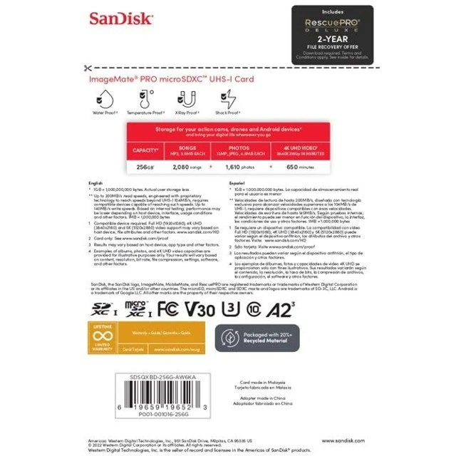 Alt view image 4 of 4 - SanDisk 256GB ImageMate PRO microSDXC UHS-1 Memory Card with Adapter - C10, U3, V30, 4K UHD, A2 Micro SD Card - SDSQXBD-256G-AW6KA
