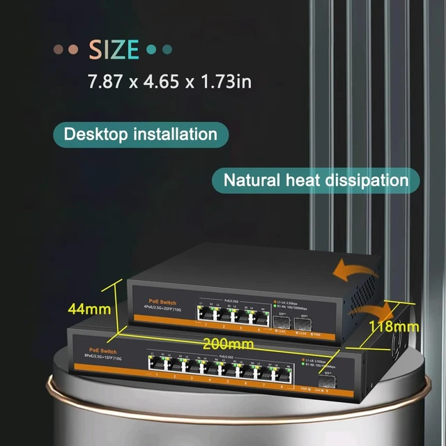 Alt view image 3 of 5 - 6 Port 2.5G PoE Switch, 4 x PoE+ Ports (802.3af/at, 30W/Port & 75W Total), 2 x 10G SFP+, 60Gbps Capacity, Metal, 110-240V AC Input (DC52V PoE), Desktop/Wall Mount, for AP, IP Camera, NAS, PC