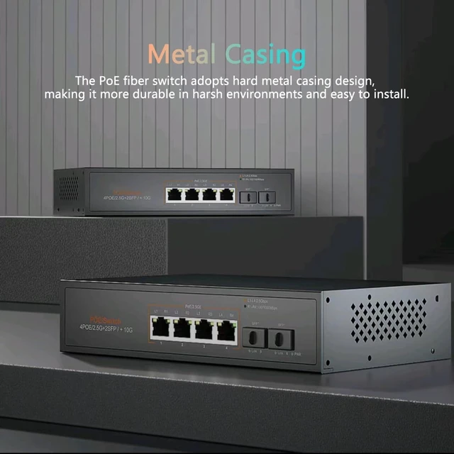 Alt view image 4 of 5 - 6 Port 2.5G PoE Switch, 4 x PoE+ Ports (802.3af/at, 30W/Port & 75W Total), 2 x 10G SFP+, 60Gbps Capacity, Metal, 110-240V AC Input (DC52V PoE), Desktop/Wall Mount, for AP, IP Camera, NAS, PC