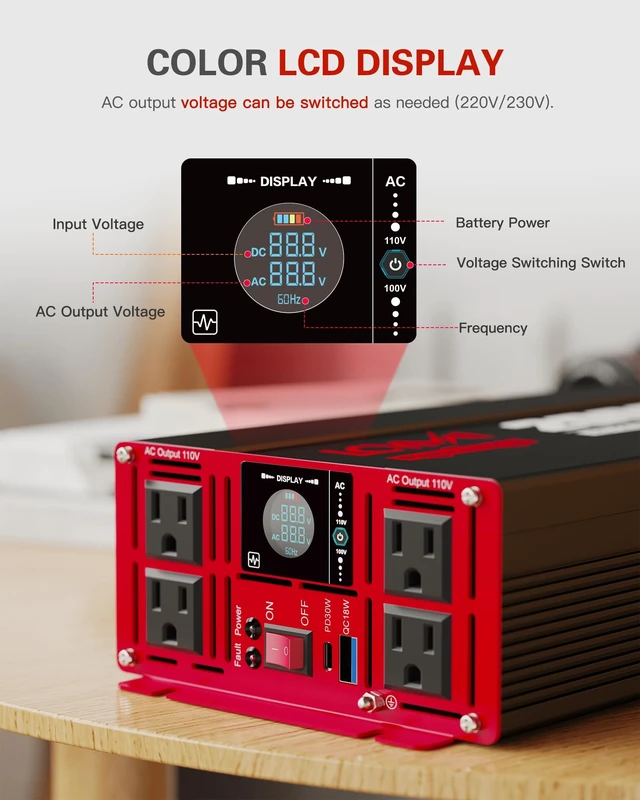 Alt view image 4 of 5 - 2000 Watts Pure Sine Wave Power Inverter 12V DC to 110V 120V AC Converter for Home RV Off Grid Truck Solar System Inverters with Type-C PD30W USB QC3.0 Port 4 AC Outlets LCD Display and Remote Control