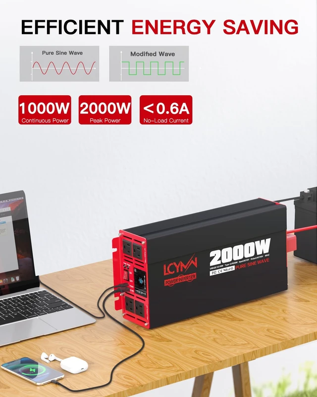 Alt view image 5 of 5 - 2000 Watts Pure Sine Wave Power Inverter 12V DC to 110V 120V AC Converter for Home RV Off Grid Truck Solar System Inverters with Type-C PD30W USB QC3.0 Port 4 AC Outlets LCD Display and Remote Control