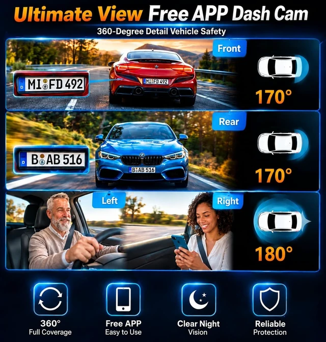 Alt view image 4 of 5 - 4K Dash Cam for Car 4 Channels, 360 Rotating Driving Recorder, 4K Front and 1080P Rear/Left/Right Cameras, Night Vision, 24H Parking Monitor, 32GB Micro SD Card Included