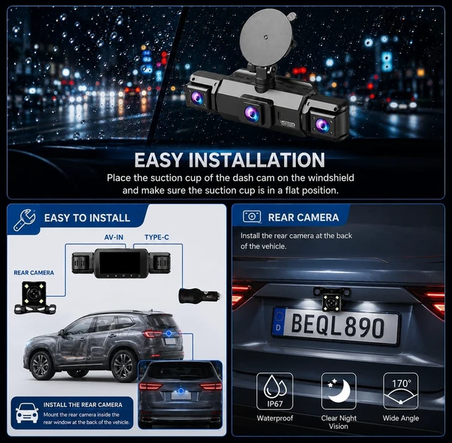 Alt view image 2 of 5 - 4K Dash Cam for Car 4 Channels, 360 Rotating Driving Recorder, 4K Front and 1080P Rear/Left/Right Cameras, Night Vision, 24H Parking Monitor, 32GB Micro SD Card Included