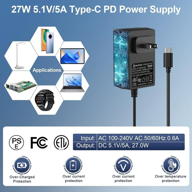 Alt view image 2 of 5 - RasTech for Raspberry Pi 5 8GB Kit with GaN 27W 5.1V5A USB-C Power Supply, Active Cooler,32GB Card Reders Kit, 4K Micro HD Out Cable, Pi 5 8GB Board Case and User Manual Included