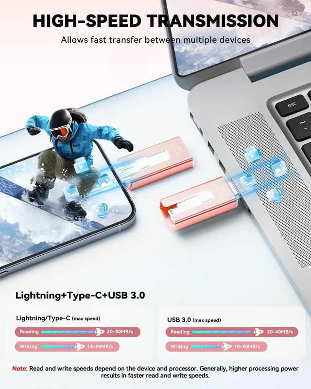 Alt view image 3 of 5 - MFi Certified 256GB Flash Drive for iPhone iPad, Photo Stick for External Memory Storage, Easily Back Up and Save Photos Videos, USB Memory Stick Thumb Drive for iPhone/iPad/Android/PC (Pink)