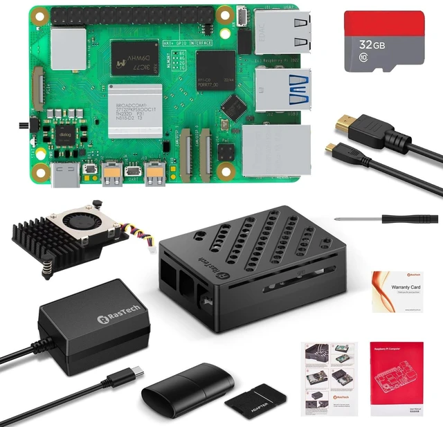 Main image of RasTech for Raspberry Pi 5 8GB Kit with GaN 27W 5.1V5A USB-C Power Supply, Active Cooler,32GB Card Reders Kit, 4K Micro HD Out Cable, Pi 5 8GB Board Case and User Manual Included