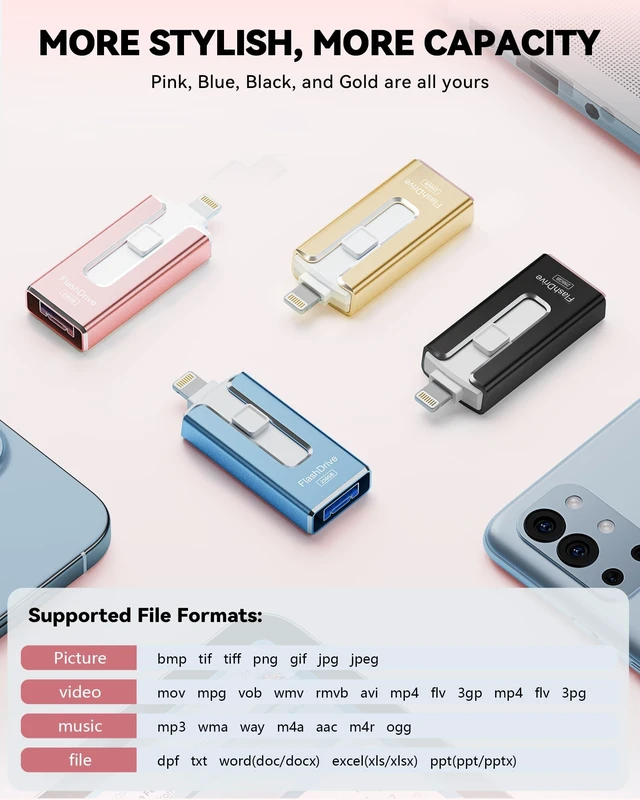 Alt view image 5 of 5 - MFi Certified 256GB Flash Drive for iPhone iPad, Photo Stick for External Memory Storage, Easily Back Up and Save Photos Videos, USB Memory Stick Thumb Drive for iPhone/iPad/Android/PC (Pink)