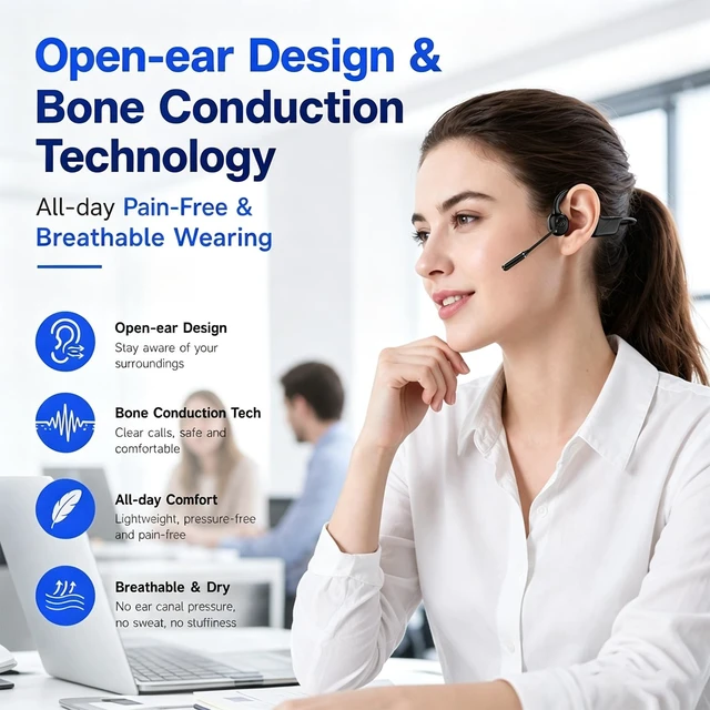 Alt view image 4 of 5 - Open-Ear Headphones with Noise-Canceling Mic, Bone Conduction Headphones