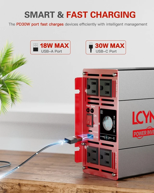 Alt view image 2 of 5 - 2000 Watts Pure Sine Wave Power Inverter 12V DC to 110V 120V AC Converter for Home RV Off Grid Truck Solar System Inverters with Type-C PD30W USB QC3.0 Port 4 AC Outlets LCD Display and Remote Control